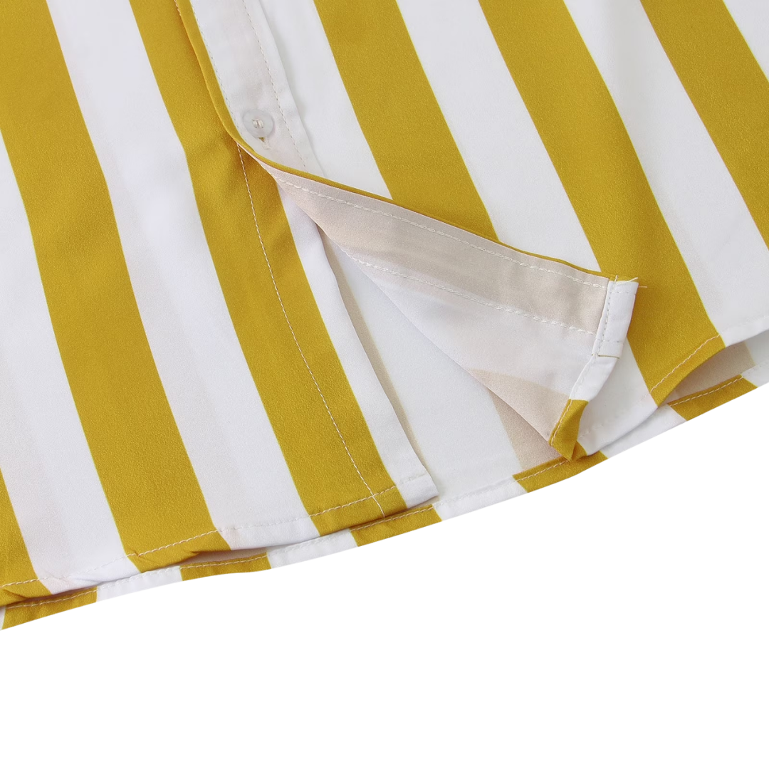 Men's Striped Print Short Sleeve Button-Up Shirt with Turn-Down Collar - Yellow, Medium