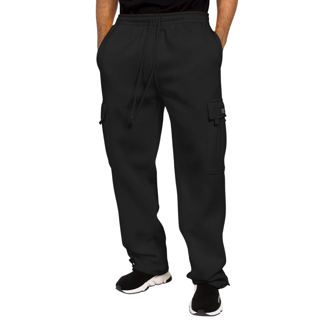 Men's Relaxed Fit Cargo Pants with Elastic Waist and Zipper Pockets - Black, Medium