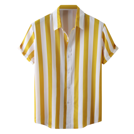 Men's Striped Print Short Sleeve Button-Up Shirt with Turn-Down Collar - Yellow, Medium