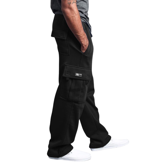 Men's Relaxed Fit Cargo Pants with Elastic Waist and Zipper Pockets - Black, Medium