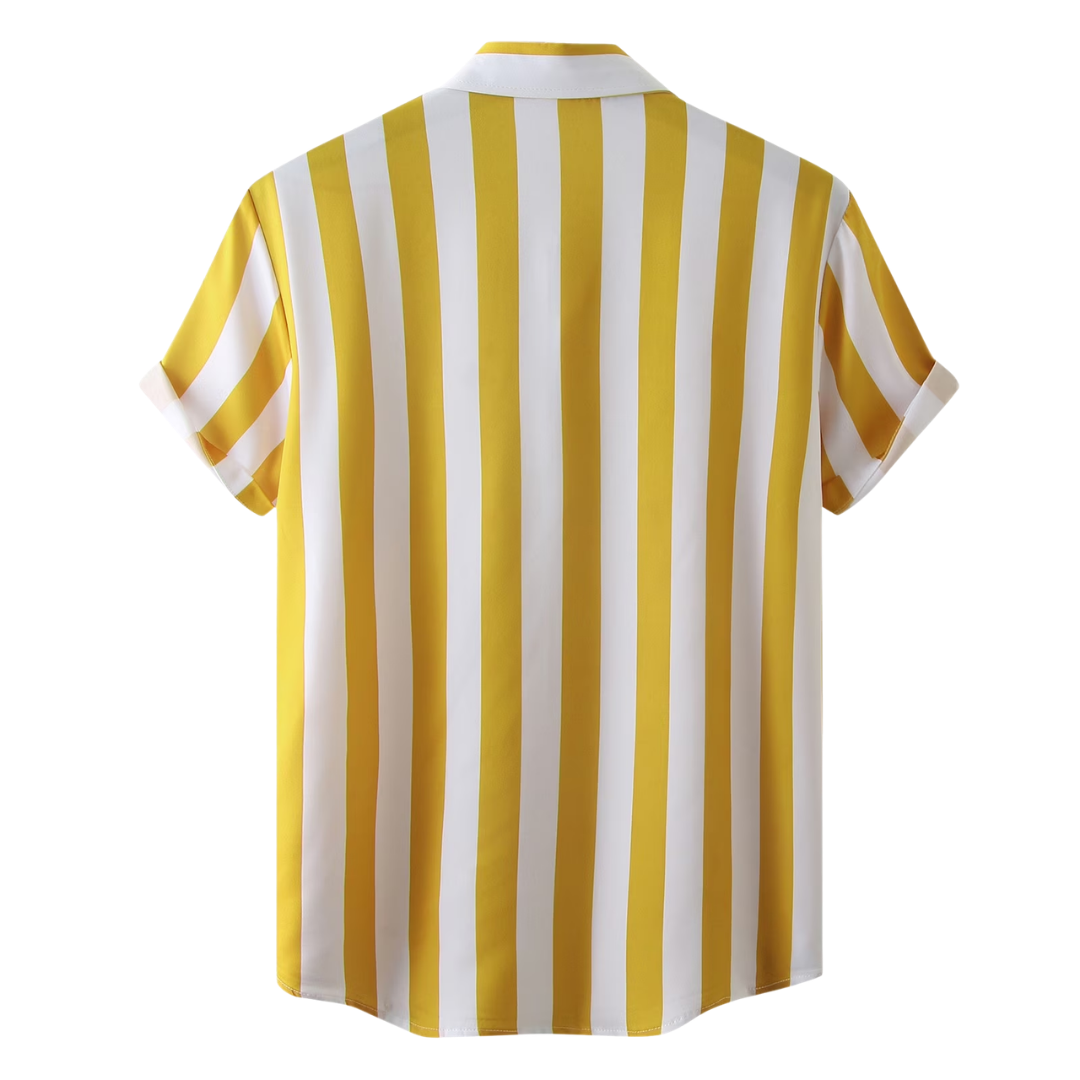 Men's Striped Print Short Sleeve Button-Up Shirt with Turn-Down Collar - Yellow, Medium