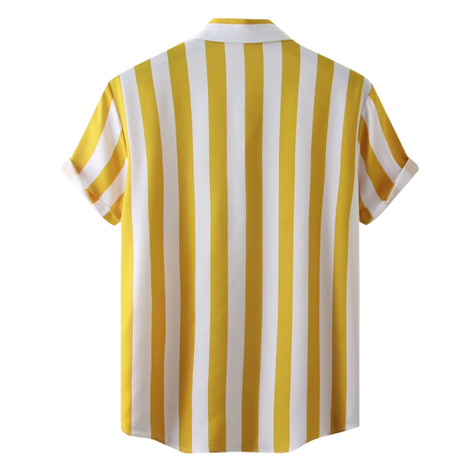 Men's Striped Print Short Sleeve Button-Up Shirt with Turn-Down Collar - Yellow, Medium